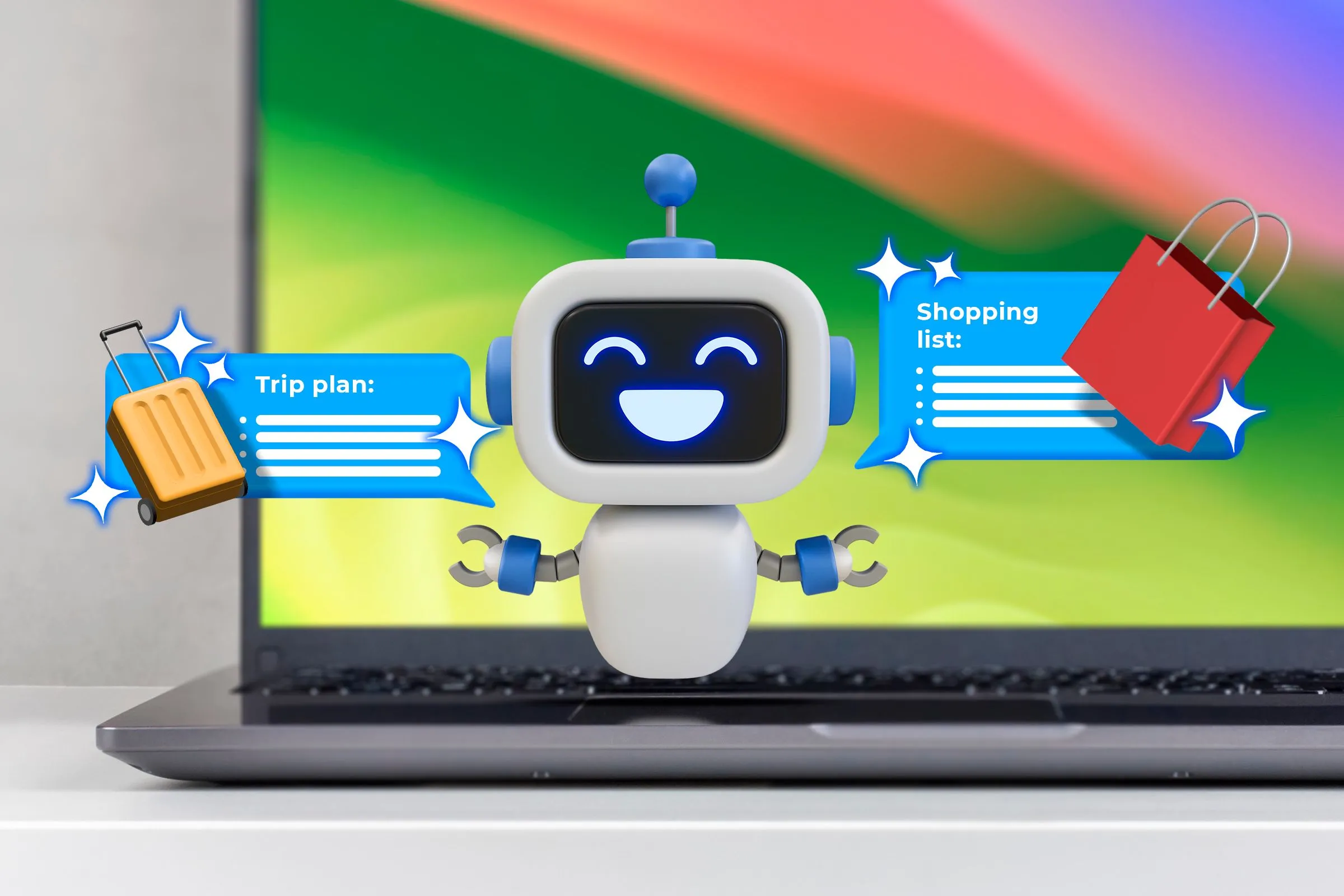 AI chatbot đưa ra gợi ý về du lịch và mua sắm trên màn hình máy tính xách tay, minh họa khả năng hỗ trợ nghiên cứu và lập kế hoạch cá nhân của AI.