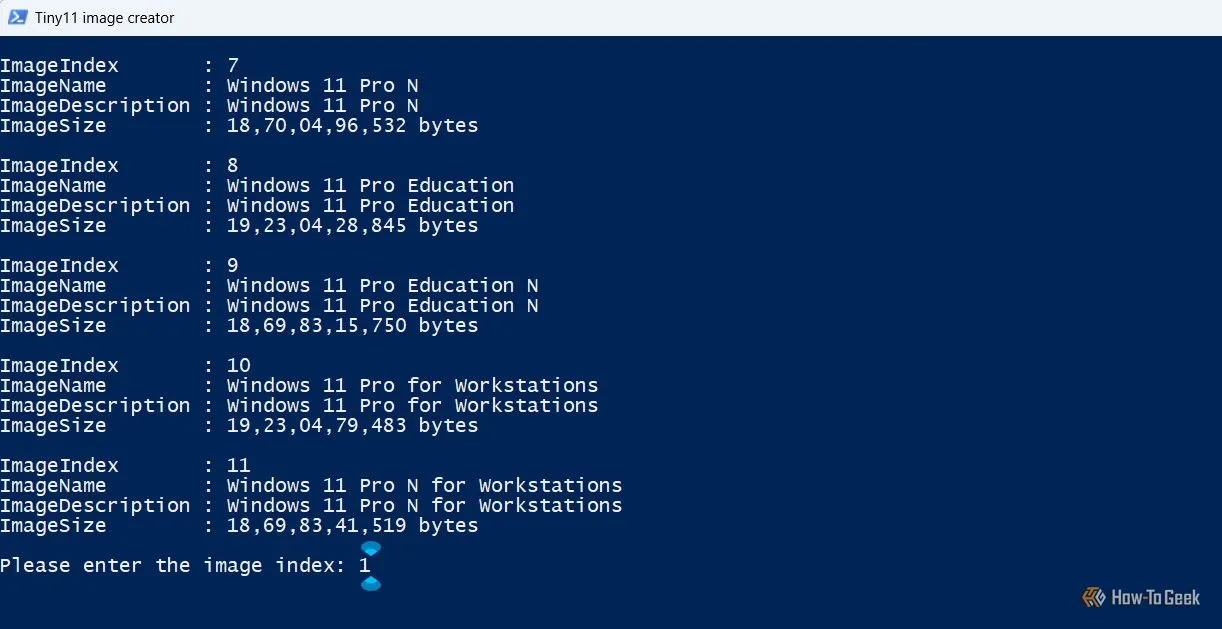 alt: Cửa sổ PowerShell với script Tiny11 Maker đang chạy, yêu cầu người dùng nhập chỉ số hình ảnh (image index) cho phiên bản Windows 11 mong muốn.