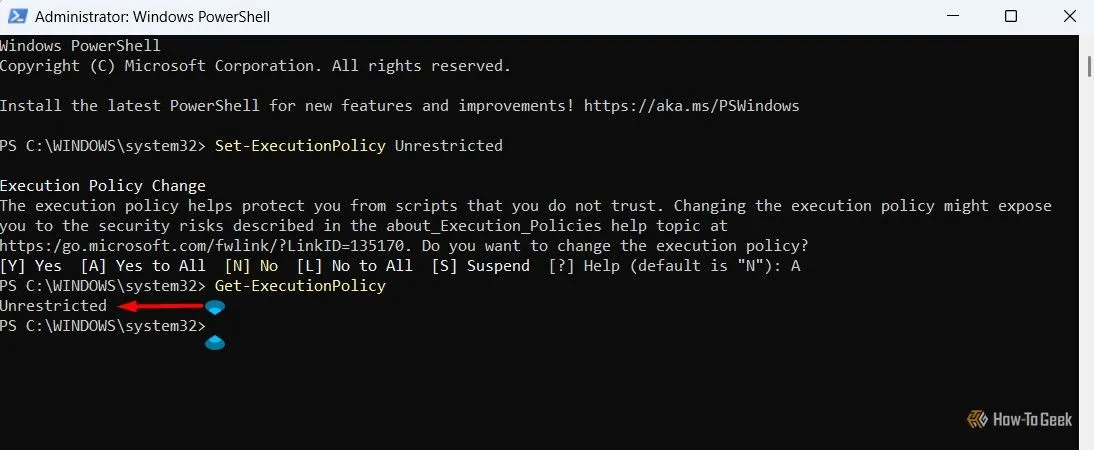 alt: Giao diện PowerShell hiển thị kết quả &quot;Unrestricted&quot; sau khi chạy lệnh Get-ExecutionPolicy, xác nhận quyền thực thi script đã được mở.