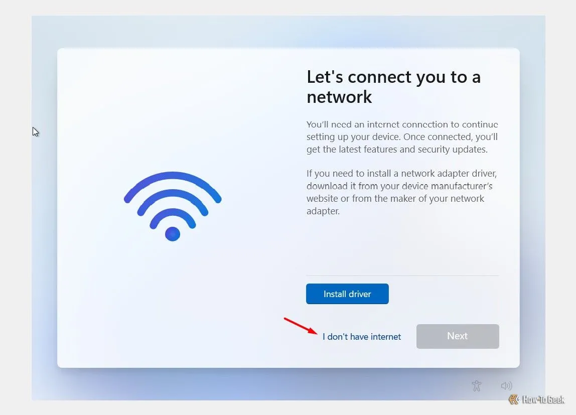 alt: Tùy chọn &quot;I don't have internet&quot; xuất hiện trong quá trình cài đặt Windows 11, giúp người dùng bỏ qua bước kết nối mạng để tránh cài đặt bloatware.