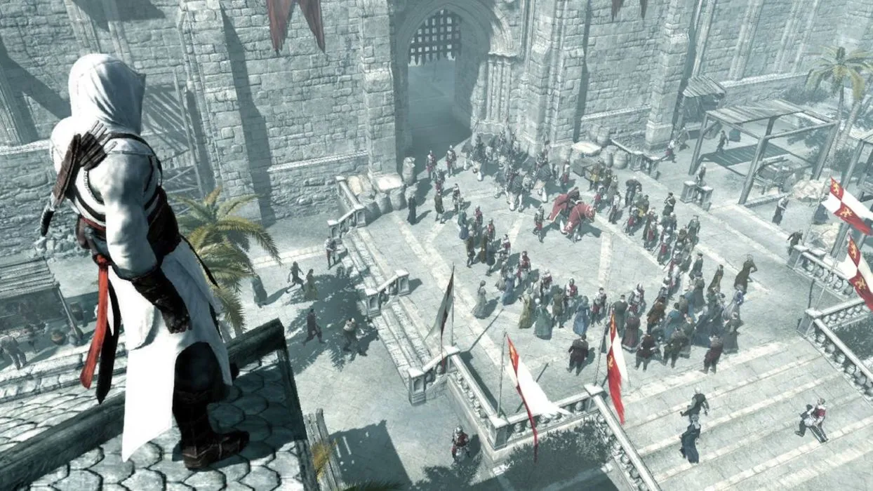 Altaïr quan sát từ mái nhà trong Assassin's Creed, series game khởi nguồn từ ý tưởng spiritual successor.