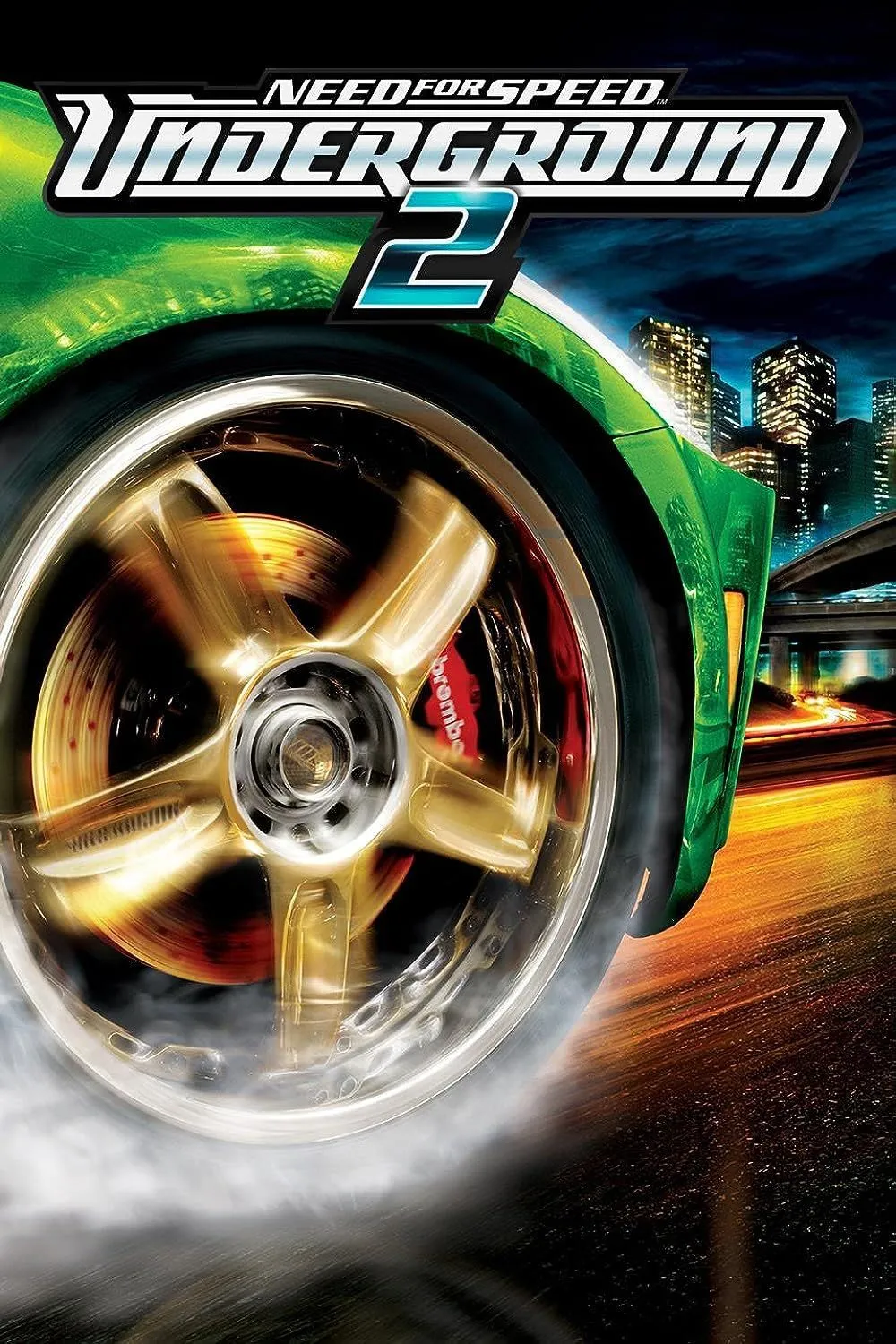 Ảnh bìa đĩa game Need for Speed Underground 2 với hình ảnh chiếc xe đua được độ và đường phố về đêm