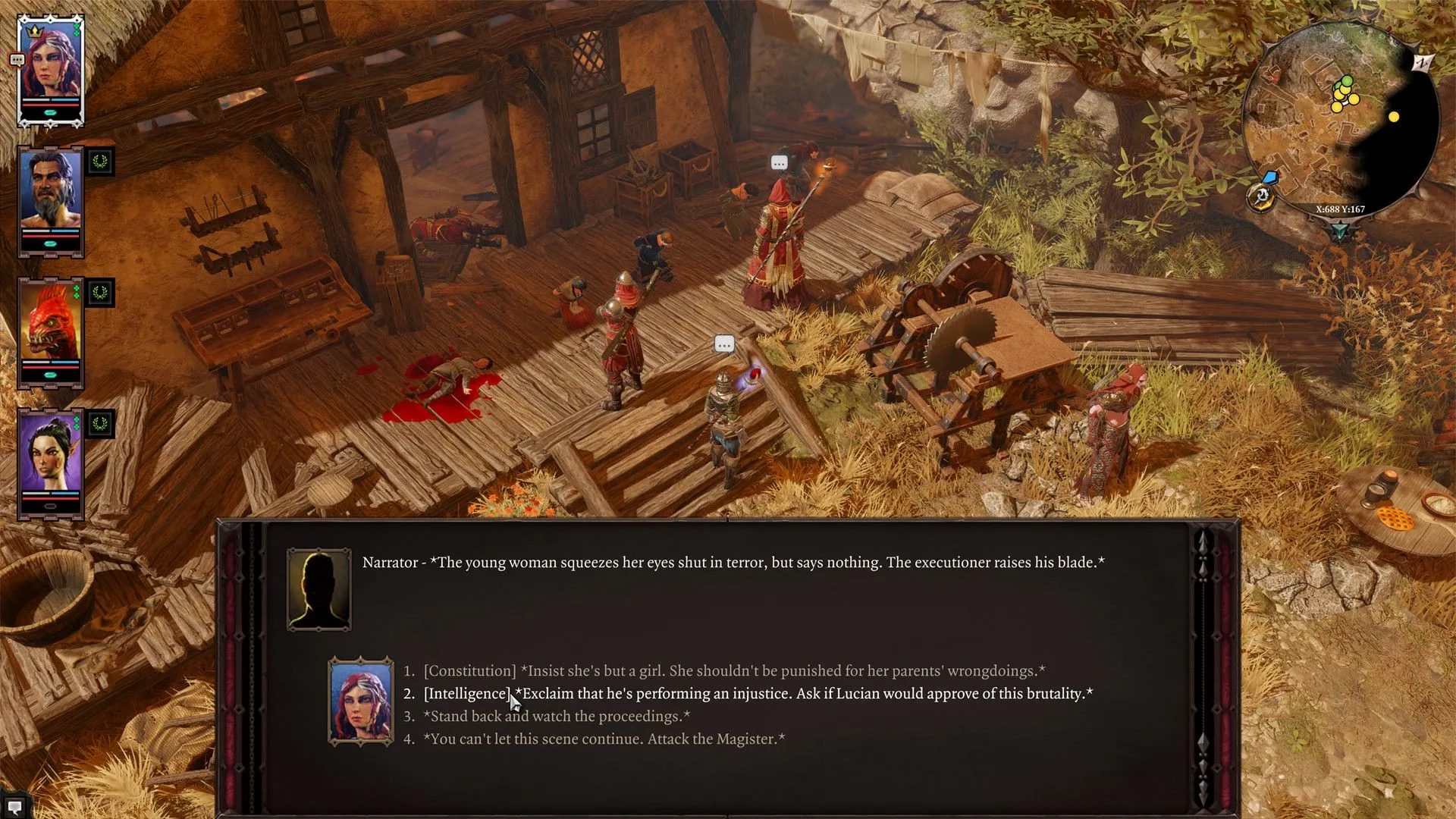 Ảnh chụp màn hình chính thức của Divinity Original Sin 2, hiển thị một đoạn hội thoại đang diễn ra trong game RPG.