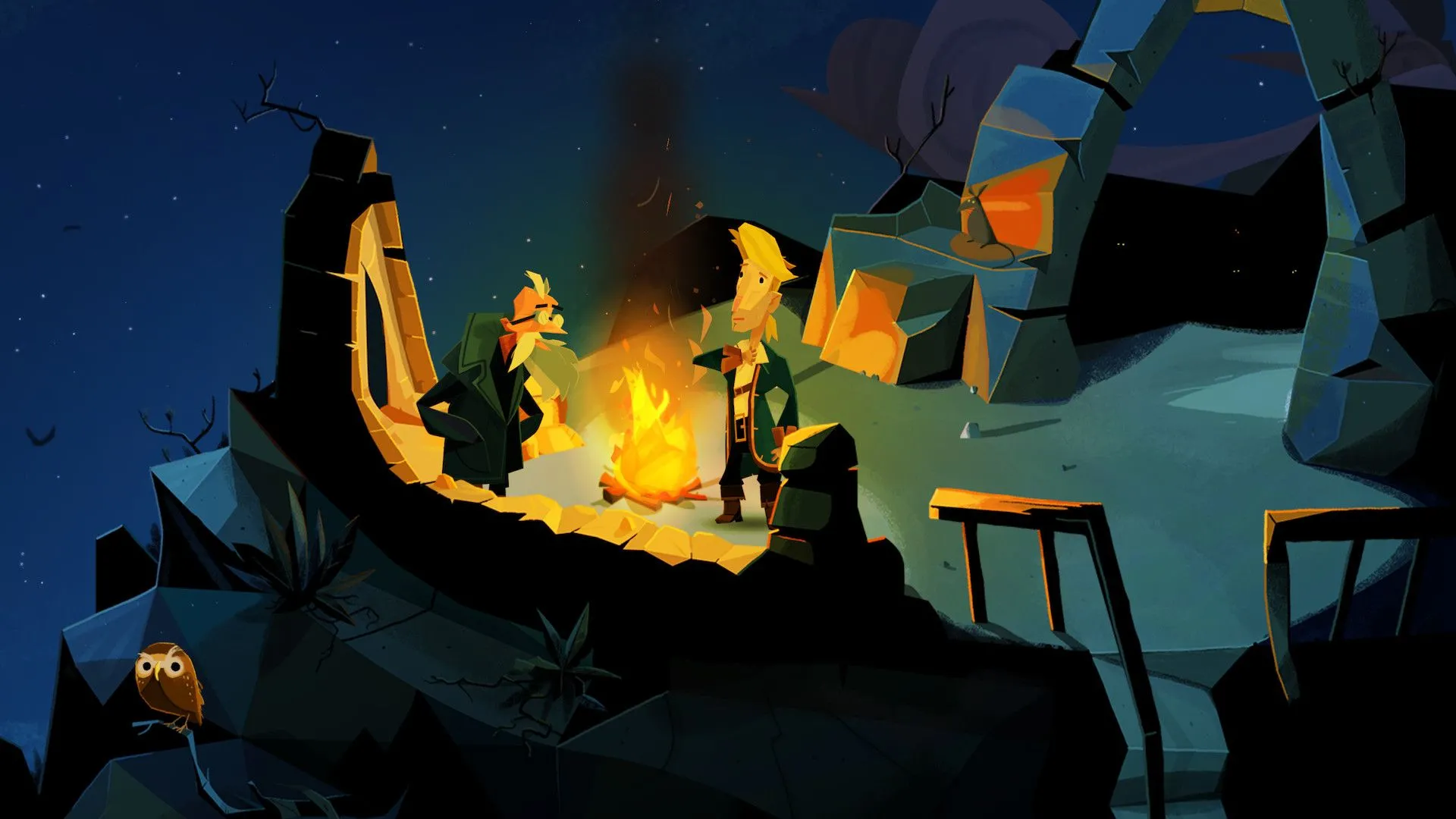 Ảnh chụp màn hình chính thức của Return to Monkey Island, hiển thị Guybrush Threepwood nói chuyện với ba tên cướp biển quanh đống lửa trại.