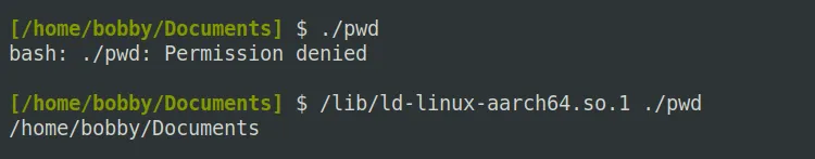 Ảnh chụp màn hình minh họa cách chạy một chương trình nhị phân Linux thông qua trình thông dịch của nó, ngay cả khi thiếu quyền thực thi.