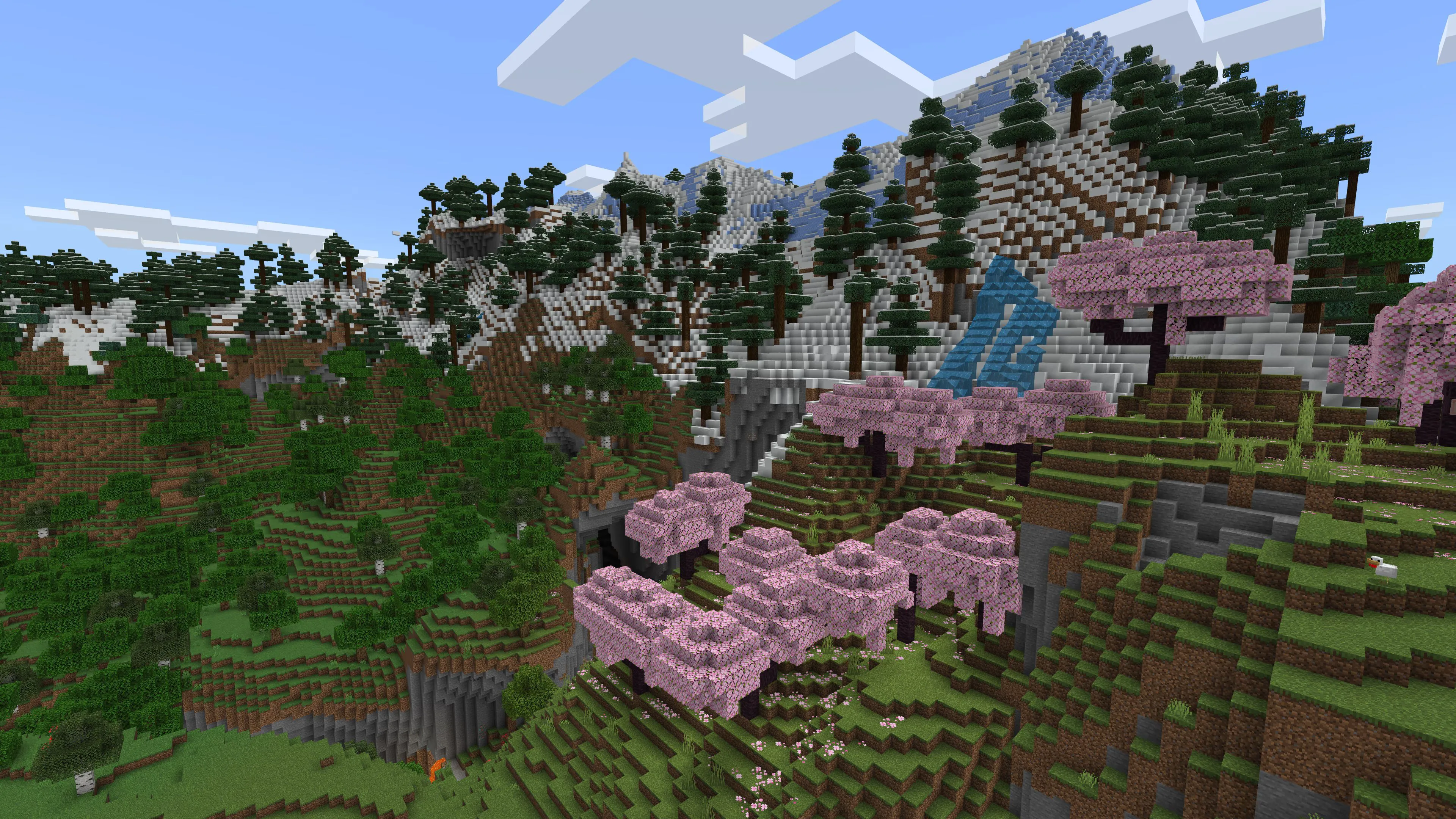 Ảnh chụp màn hình quảng cáo game Minecraft với cảnh quan đa dạng gồm nhiều quần xã sinh vật và công trình khối