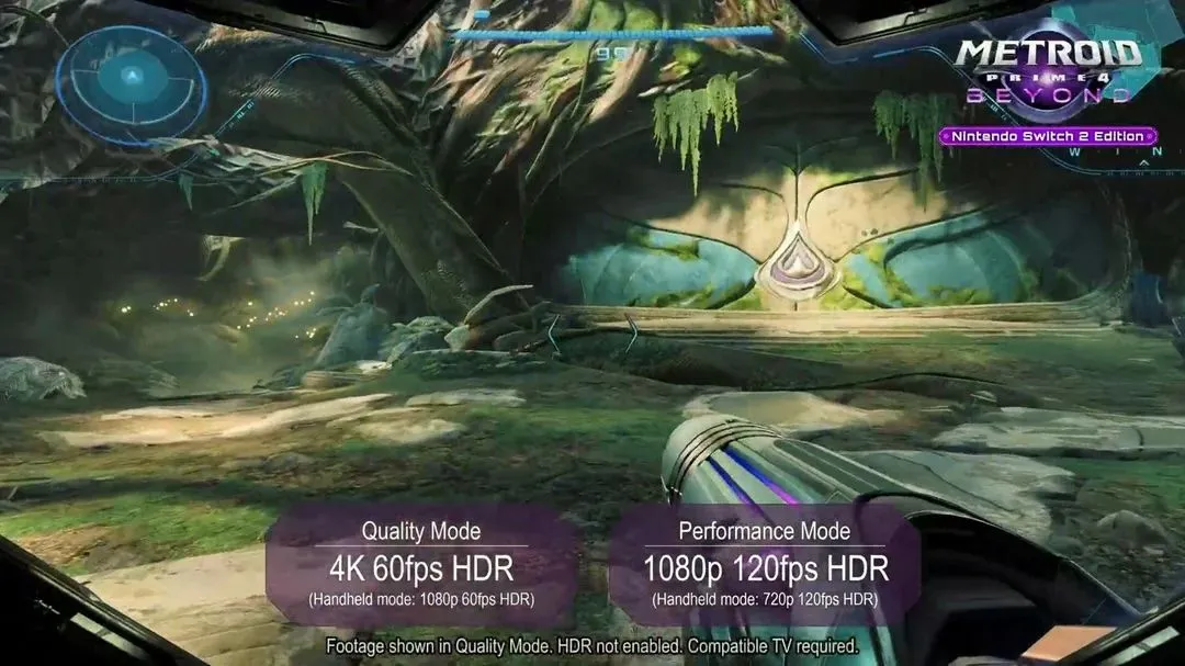 Ảnh minh họa game Metroid Prime 4 với hai chế độ hiệu suất, cho thấy sự cải thiện khi nâng cấp lên phiên bản Switch 2.