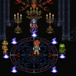 Ba anh hùng Crono, Frog và Lucca trong một cảnh chiến đấu kịch tính tại lâu đài Magus, game Chrono Trigger