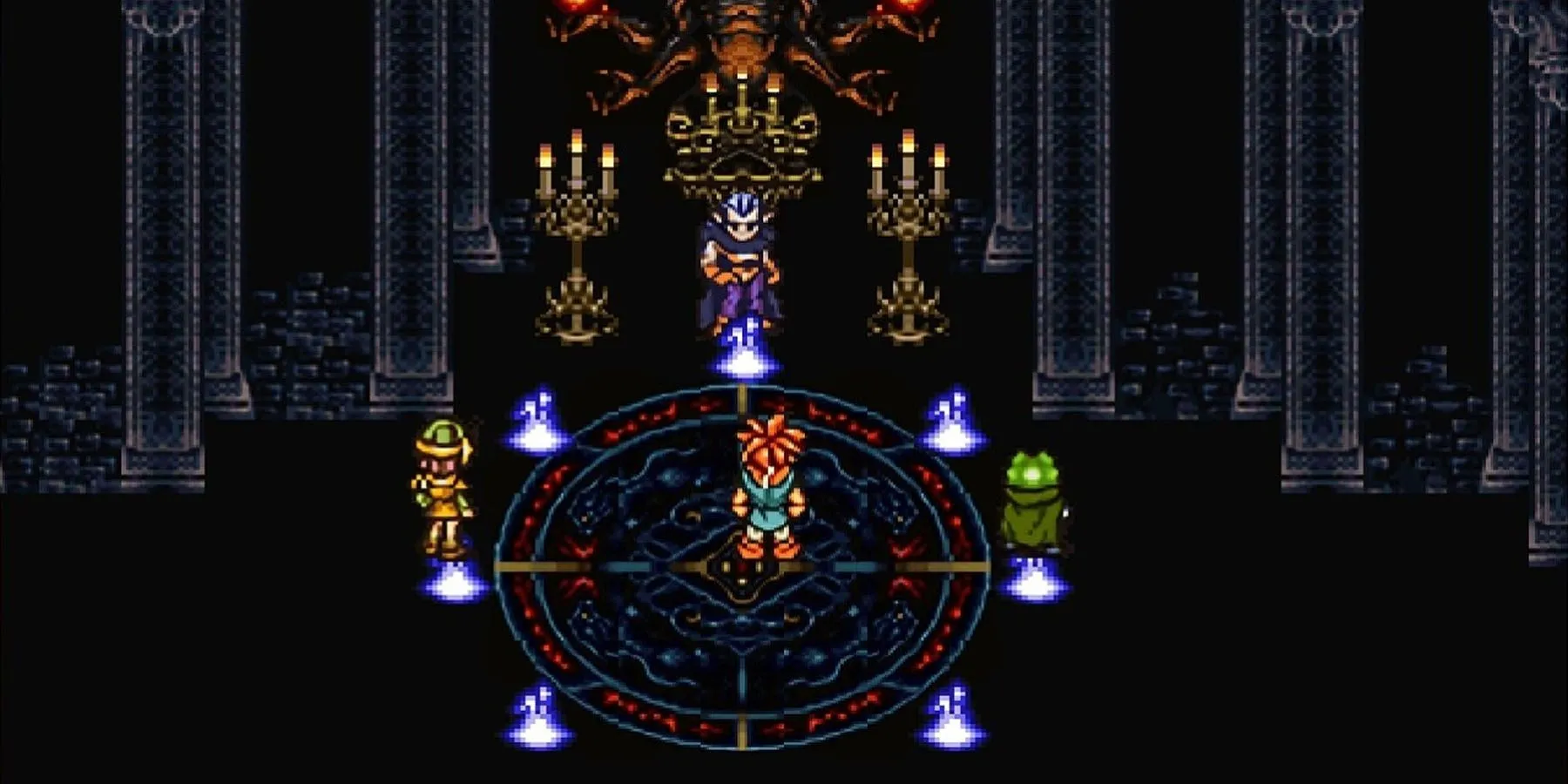 Ba anh hùng Crono, Frog và Lucca trong một cảnh chiến đấu kịch tính tại lâu đài Magus, game Chrono Trigger