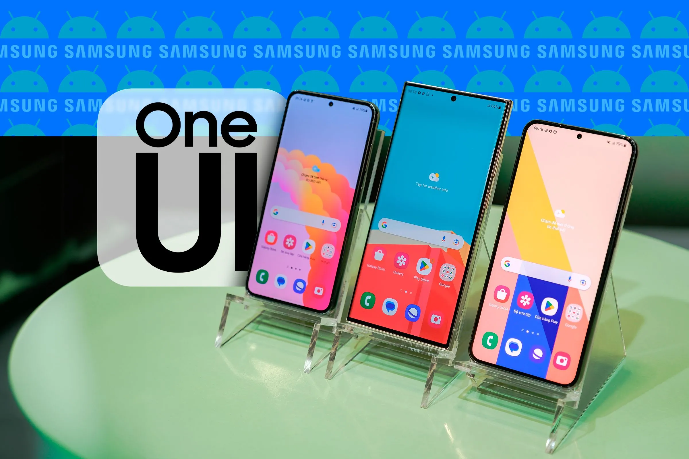Ba chiếc điện thoại Samsung Galaxy đặt cạnh nhau với giao diện One UI 8, thể hiện các bản thử nghiệm beta đang được triển khai cho người dùng.