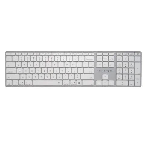 Bàn phím không dây Hyper HyperSpace Bluetooth đặt trên bàn làm việc, cho thấy thiết kế tổng thể và các phím.