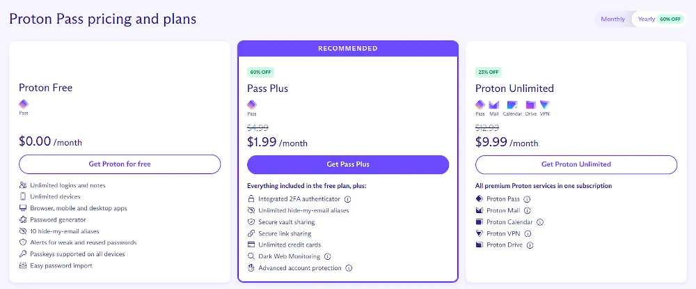 Bảng giá chi tiết các gói dịch vụ của Proton Pass, bao gồm gói miễn phí và các gói trả phí.