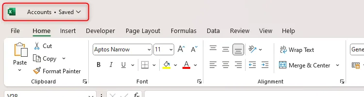 Bảng tính Excel cho thấy Thanh công cụ Truy cập nhanh (Quick Access Toolbar) chưa được kích hoạt, minh họa vị trí của nó.