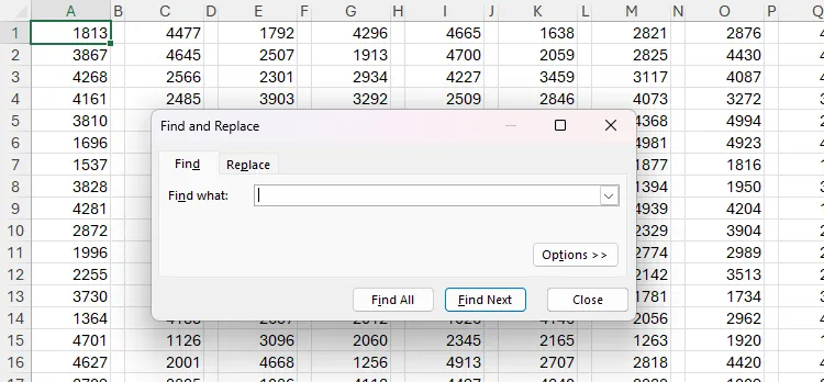 Bảng tính Excel chứa các số ngẫu nhiên, minh họa hộp thoại Tìm kiếm và Thay thế (Find And Replace) đang mở.