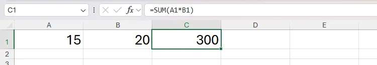 Bảng tính Excel với công thức nhân giá trị từ ô A1 và B1 trong ô C1 sau khi chỉnh sửa bằng F2.