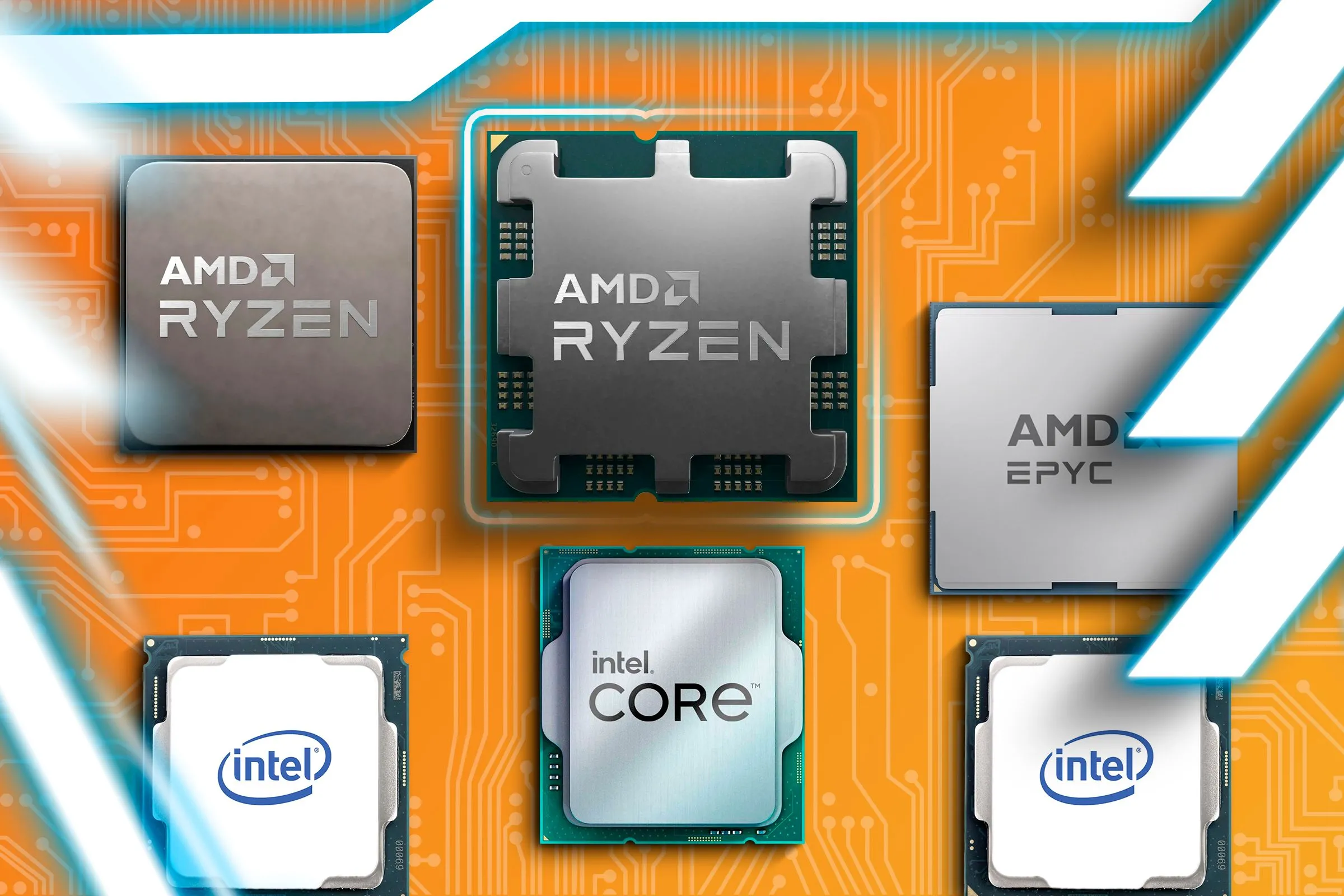 Bề mặt với các bộ vi xử lý Intel và AMD cùng mạch điện tử phía sau.