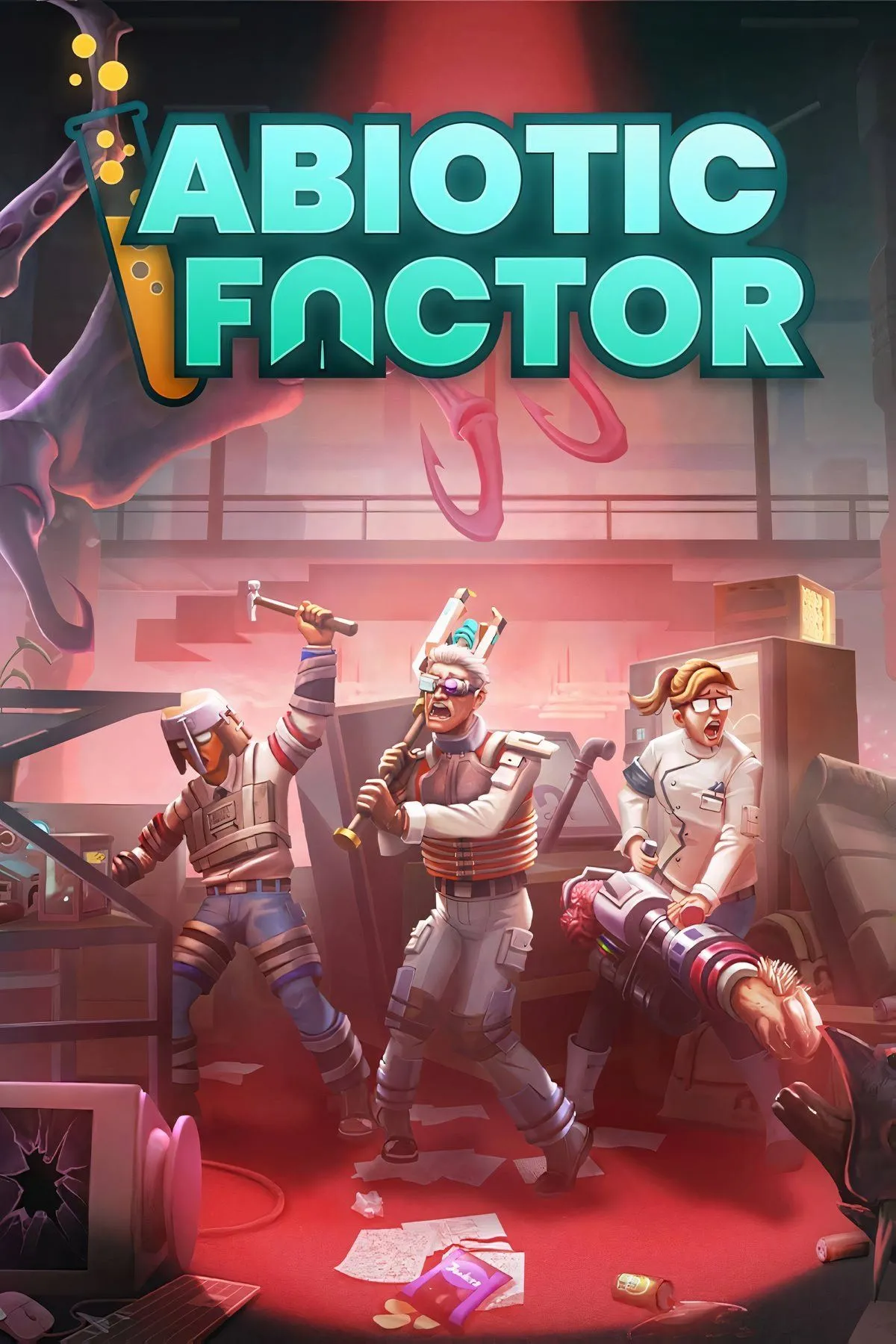 Bìa game Abiotic Factor với nhân vật nhà khoa học chiến đấu trong cơ sở nghiên cứu GATE