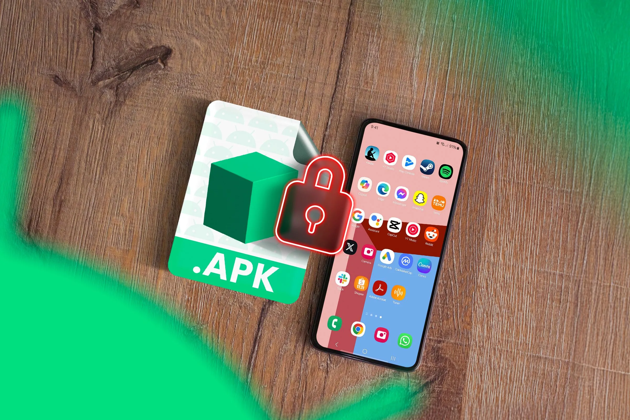 Biểu tượng APK bên cạnh một điện thoại thông minh với một ổ khóa ở giữa.