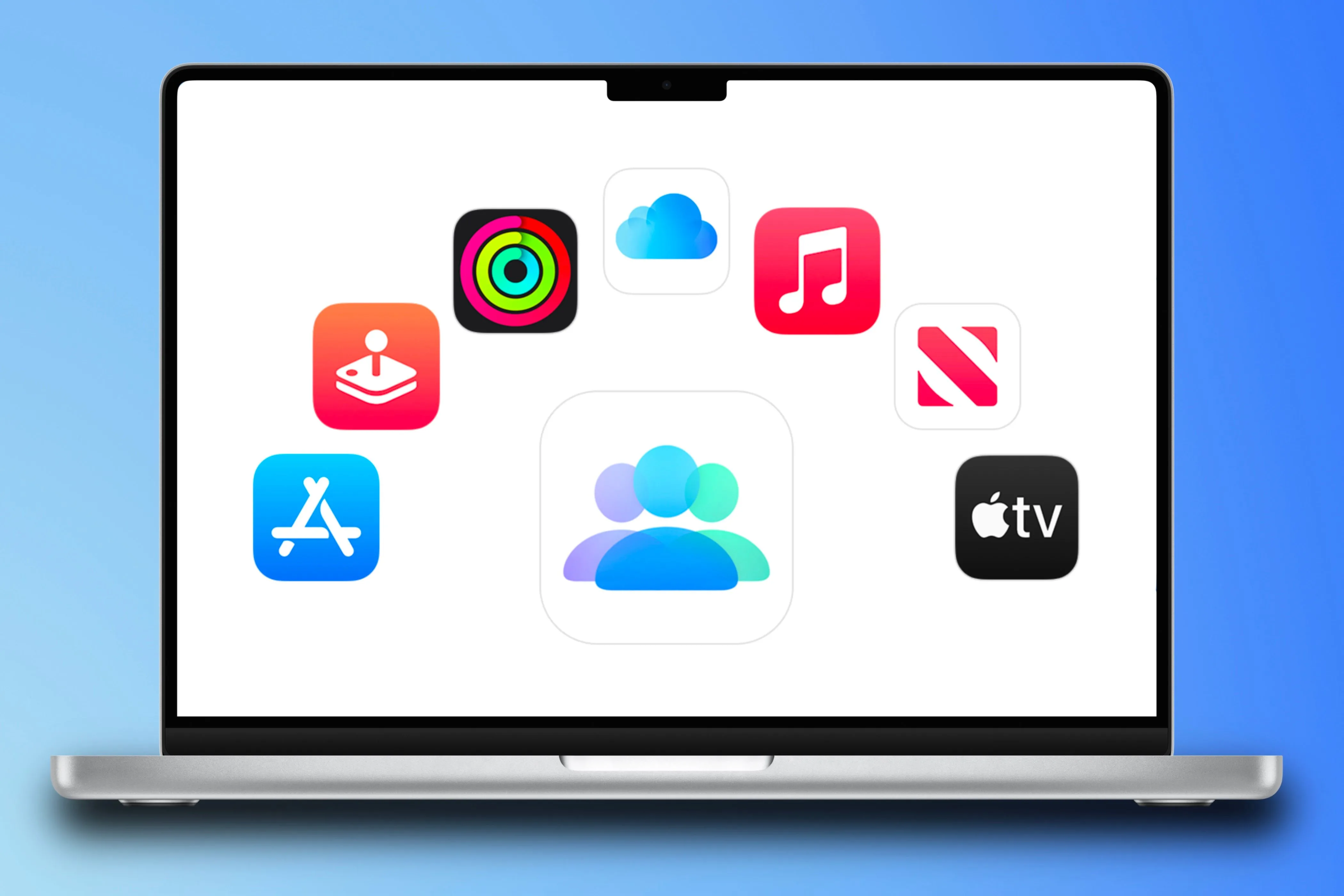 Biểu tượng chia sẻ gia đình và các dịch vụ Apple One trên MacBook Pro