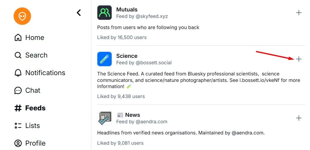 Biểu tượng dấu cộng (+) để thêm một nguồn cấp dữ liệu tùy chỉnh như Science feed vào trang chủ Bluesky
