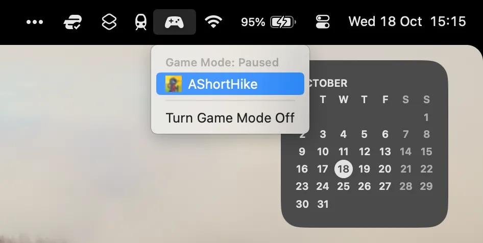 Biểu tượng Game Mode trên thanh menu macOS Sonoma khi chơi game toàn màn hình