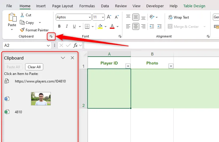 Biểu tượng khởi chạy ngăn Clipboard trong thẻ Home trên thanh Ribbon của Excel được chọn, và ngăn Clipboard hiển thị ở phía bên trái cửa sổ Excel.