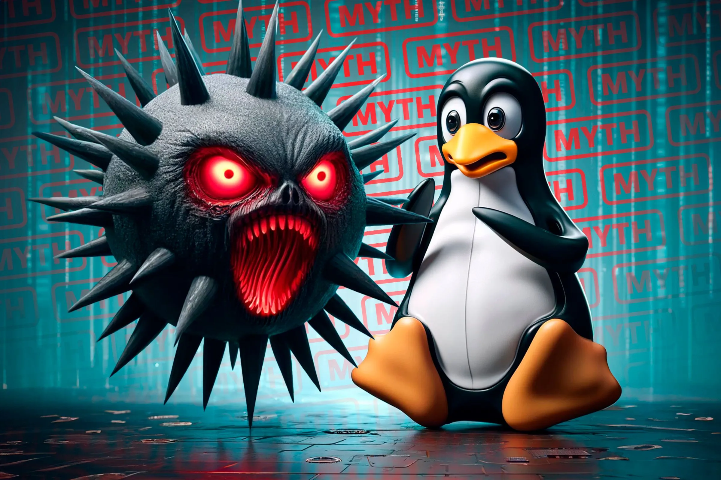 Biểu tượng Tux Linux trông sợ hãi khi nhìn vào biểu tượng virus, minh họa sự bất ổn của hệ thống.