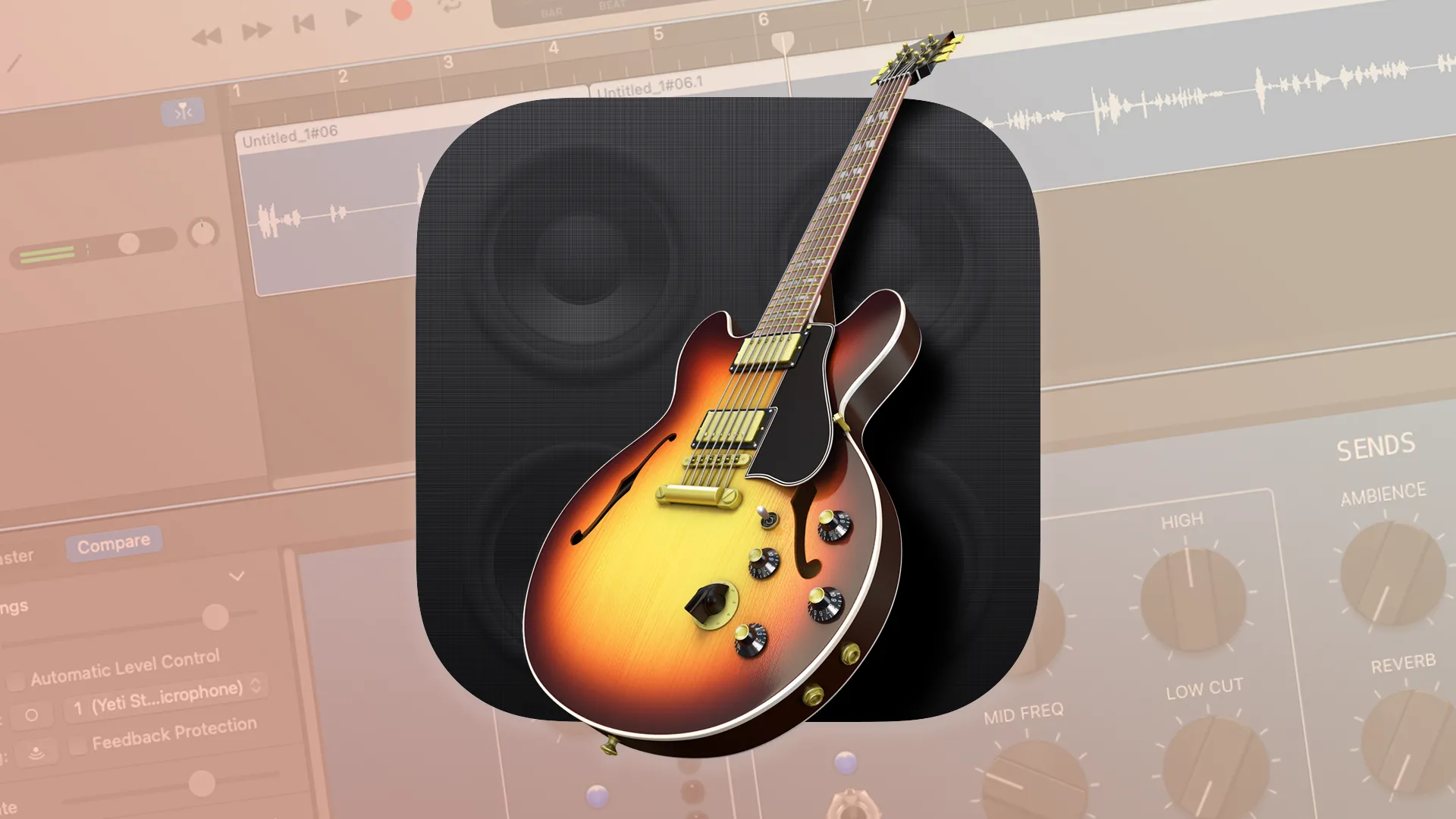 Biểu tượng ứng dụng GarageBand màu tím với guitar và phím đàn