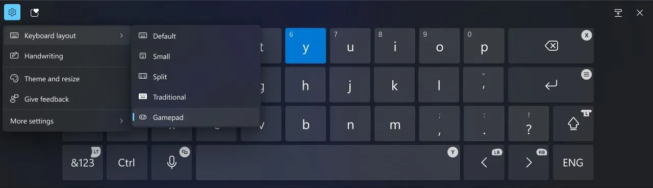 Bố cục bàn phím ảo tay cầm mới trên Windows 11, tối ưu cho điều khiển Xbox.
