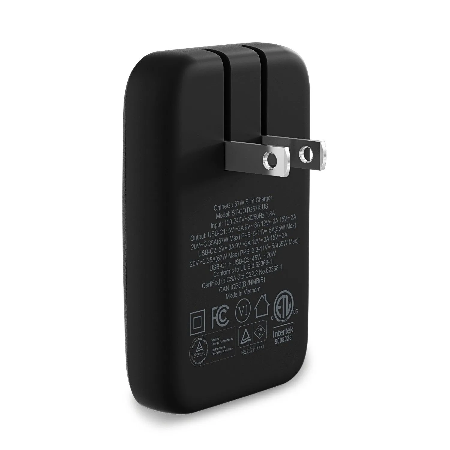 Bộ sạc tường Satechi OntheGo 67W Slim màu đen, thiết kế siêu mỏng với chân cắm gập gọn trên nền trắng, nổi bật công nghệ GaN và hai cổng USB-C.