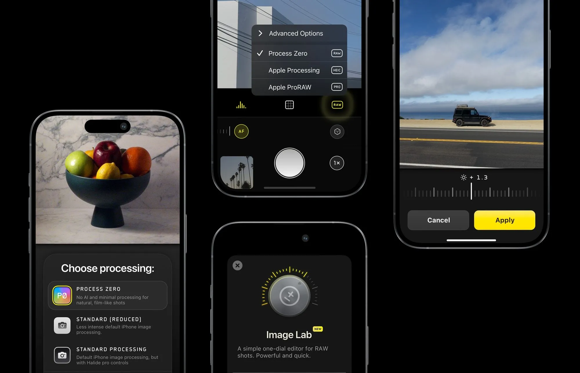 Bộ sưu tập hình ảnh minh họa các tính năng nổi bật của ứng dụng camera Halide trên iPhone.