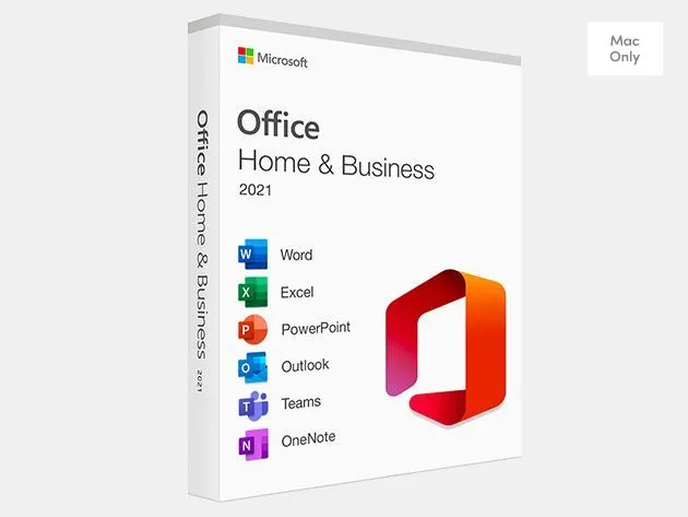 Bộ ứng dụng Microsoft Office Home &amp; Business 2021 dành cho Mac hiển thị trên màn hình MacBook.
