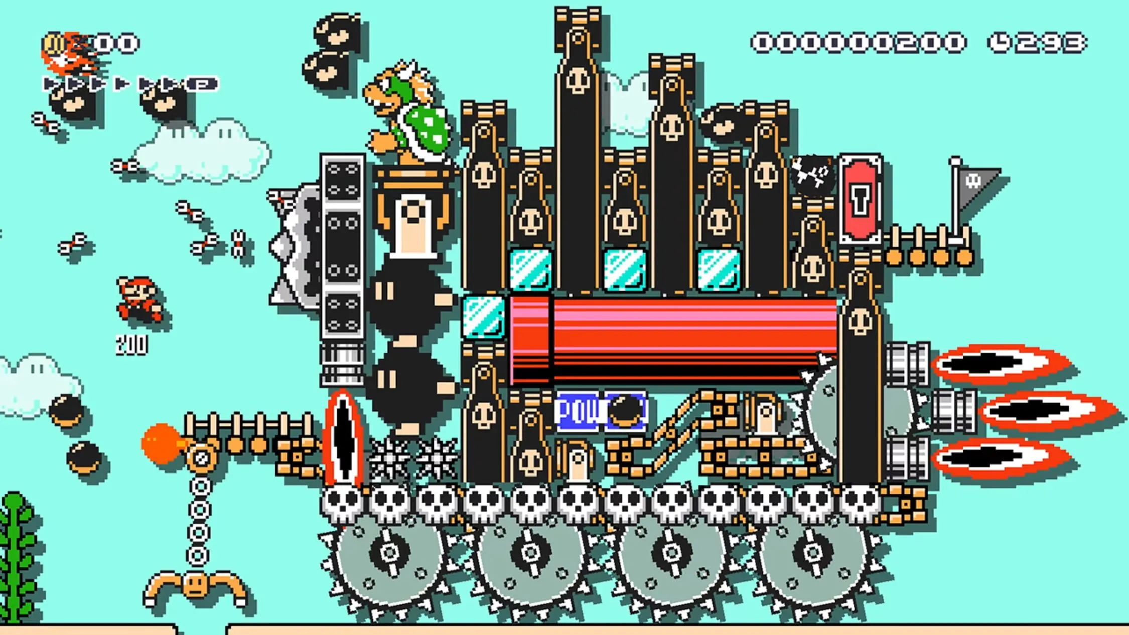 Bowser đuổi theo Mario trên cỗ máy trong Super Mario Maker 2, minh họa game platformer