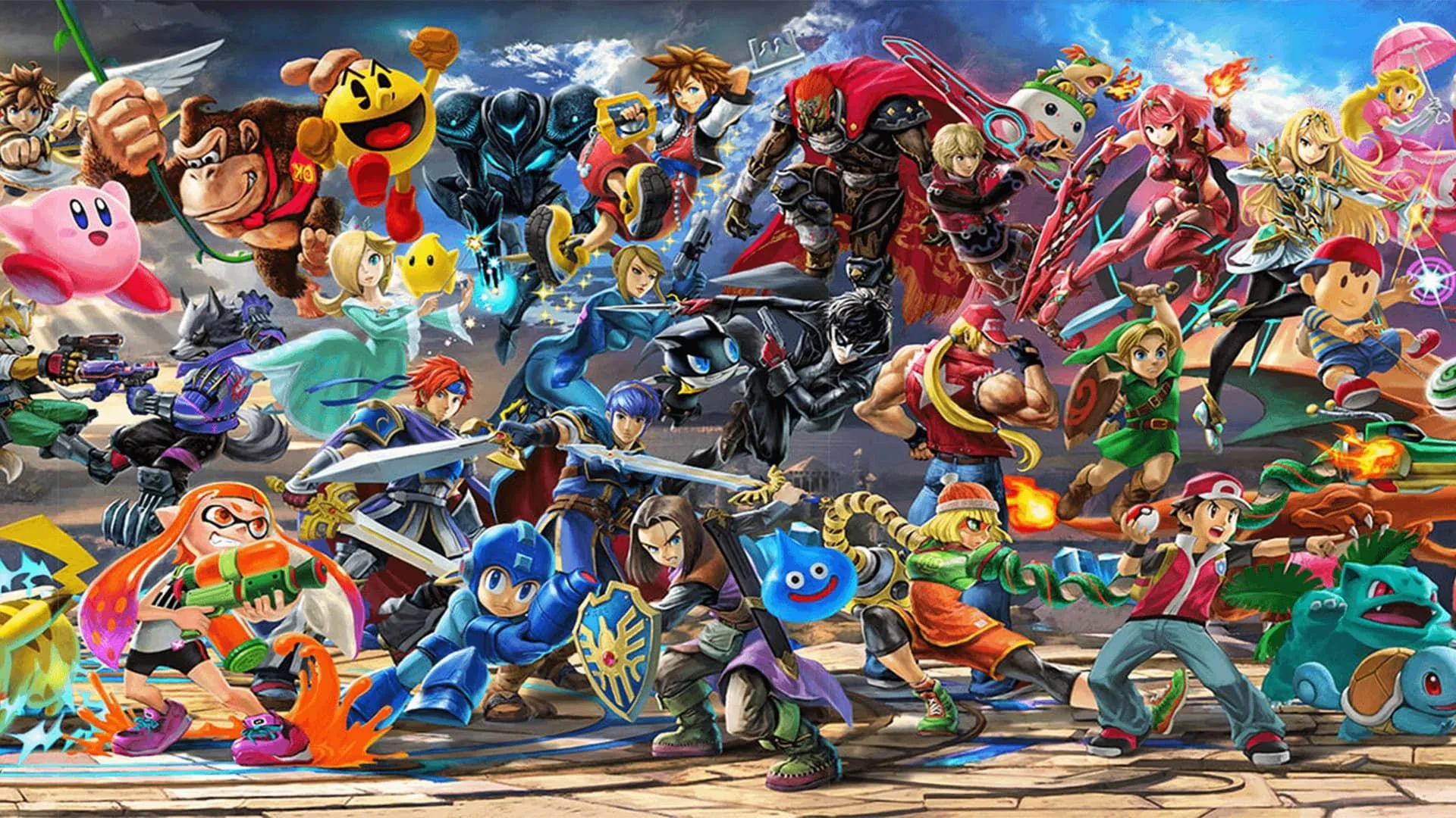 Bức ảnh banner tổng hợp các nhân vật đa vũ trụ trong game đối kháng Super Smash Bros. Ultimate của Nintendo.