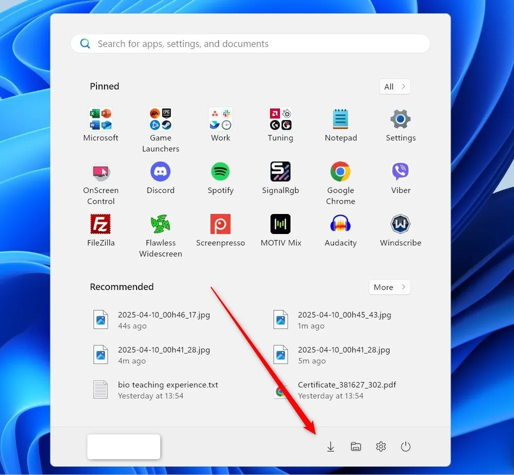 Các biểu tượng thư mục nhanh ở góc dưới cùng Start Menu Windows 11