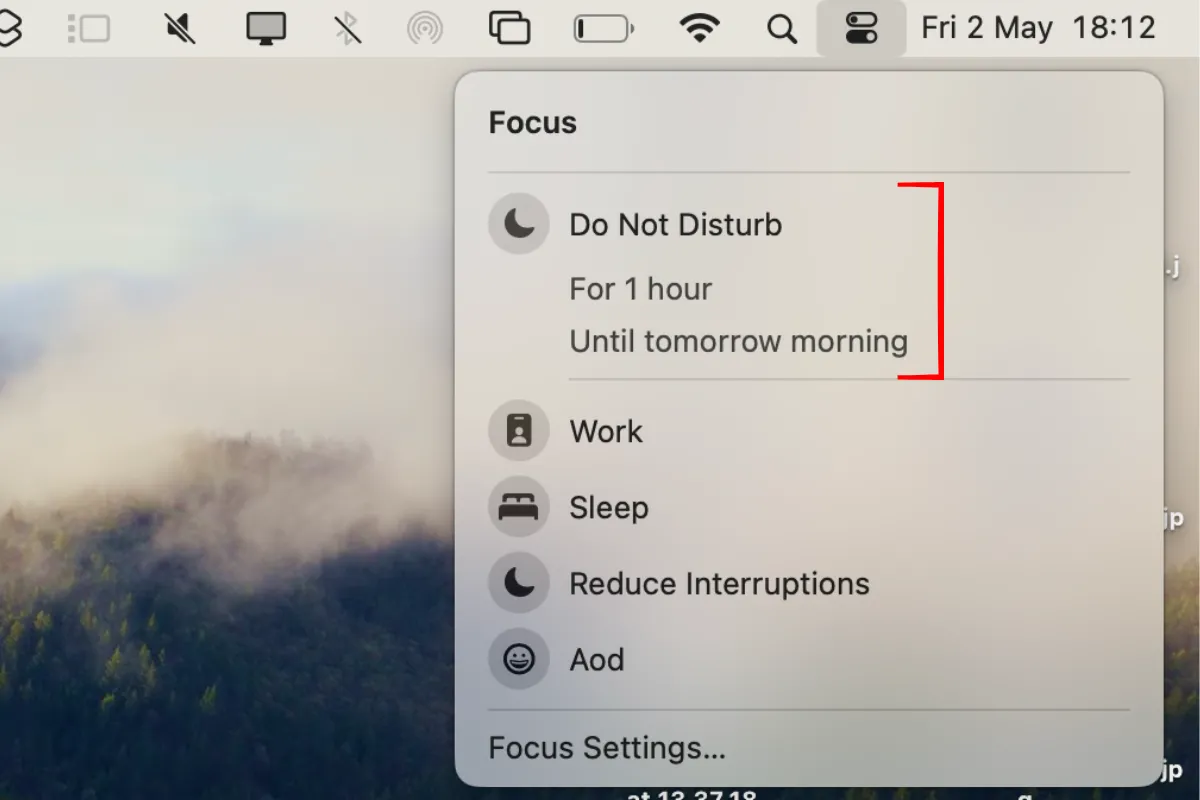 Các chế độ tập trung (Focus modes) có sẵn trong Trung tâm điều khiển macOS.