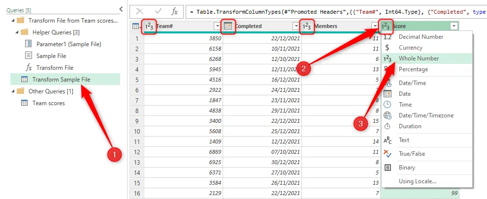 Các định dạng số của nhiều cột trong trình chỉnh sửa Power Query của Excel được điều chỉnh để khớp với kiểu dữ liệu tương ứng