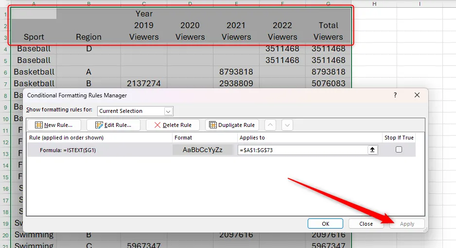 Các hàng tiêu đề của mảng tràn dữ liệu trong Excel đã được tô màu xám sau khi áp dụng quy tắc định dạng.