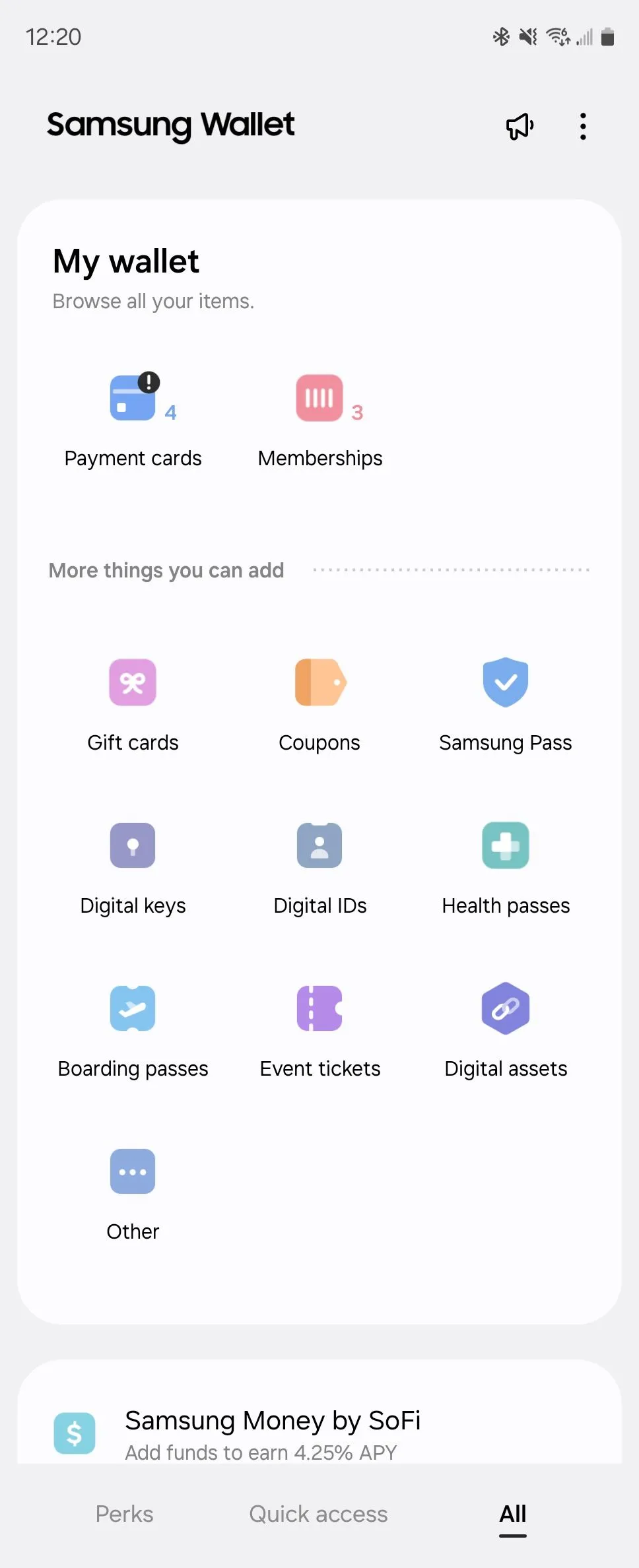 Các loại thông tin và thẻ có thể lưu trữ trong Samsung Wallet.