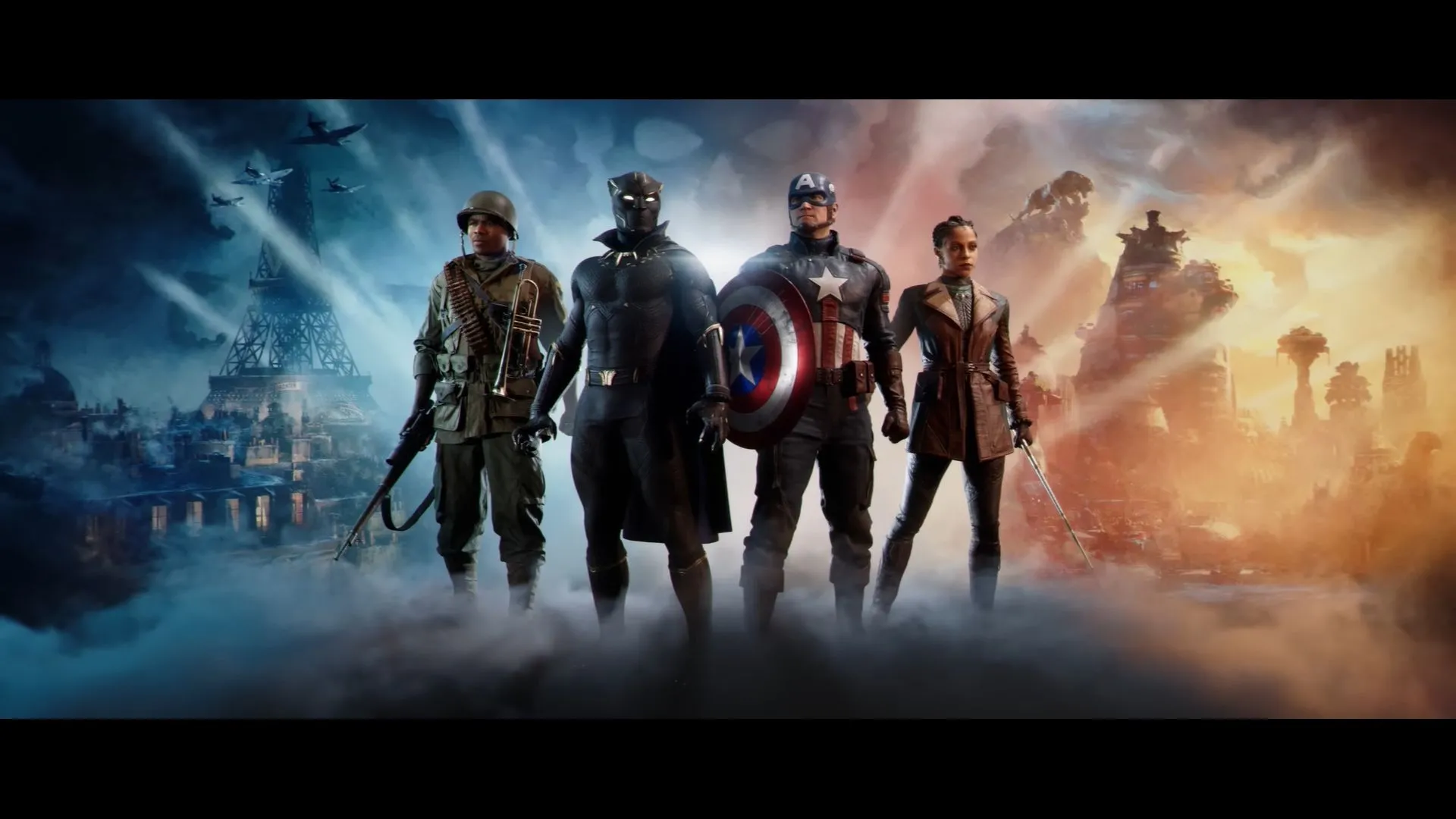 Các nhân vật chính trong Marvel 1943 Rise of Hydra bao gồm Captain America, Black Panther, Gabriel Jones và Nanali