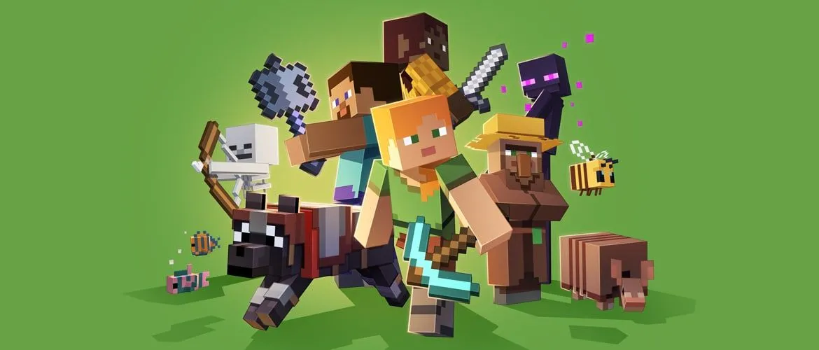 Các nhân vật Minecraft trên nền xanh lá, tượng trưng cho quyền lực và kiểm soát trong game