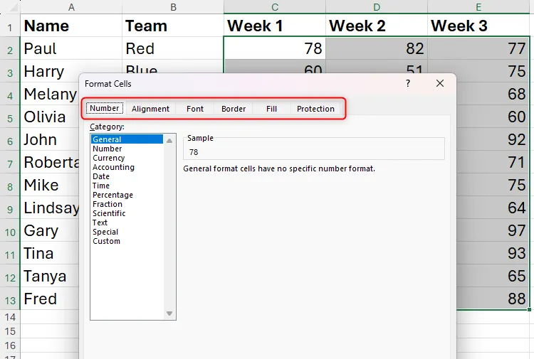 Các tab trong hộp thoại Định dạng Ô (Format Cells) của Excel được tô sáng, cho phép người dùng điều chỉnh nhiều thuộc tính.