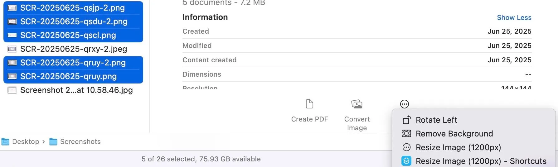 Các Thao tác nhanh (Quick Actions) hiển thị trong khung Xem trước (Preview pane) của Finder macOS.