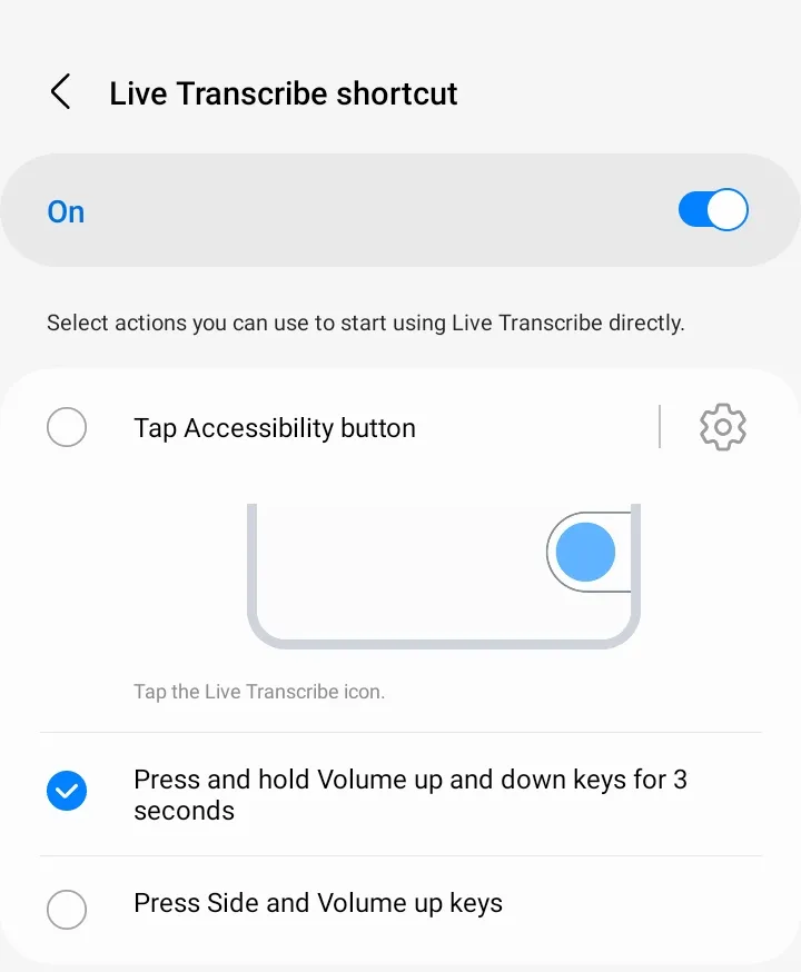 Các tùy chọn để kích hoạt lối tắt Live Transcribe trên Samsung Galaxy, bao gồm cử chỉ và phím cứng.