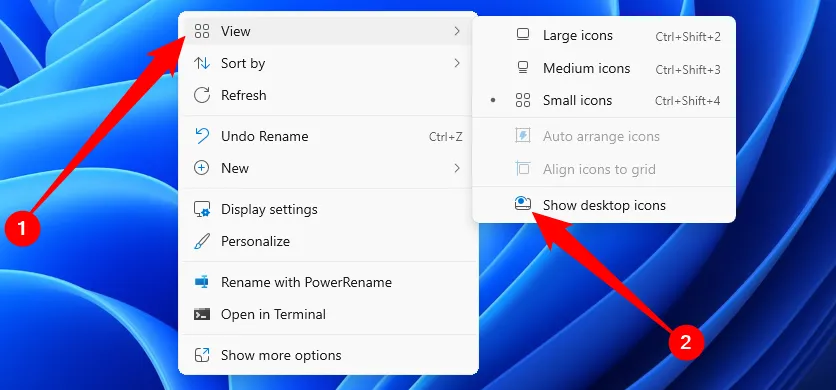 Cách ẩn biểu tượng màn hình desktop Windows bằng tùy chọn View trong menu chuột phải.