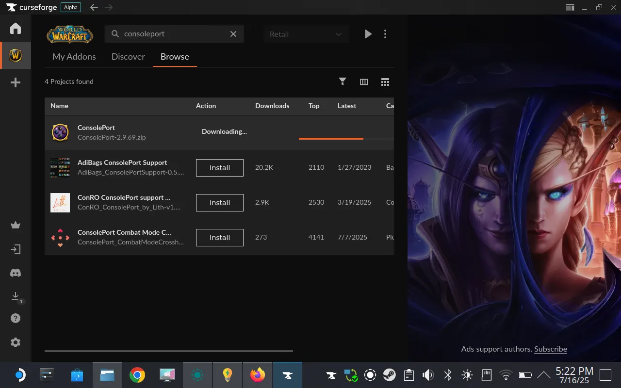 Cài đặt add-on ConsolePort cho World of Warcraft thông qua CurseForge