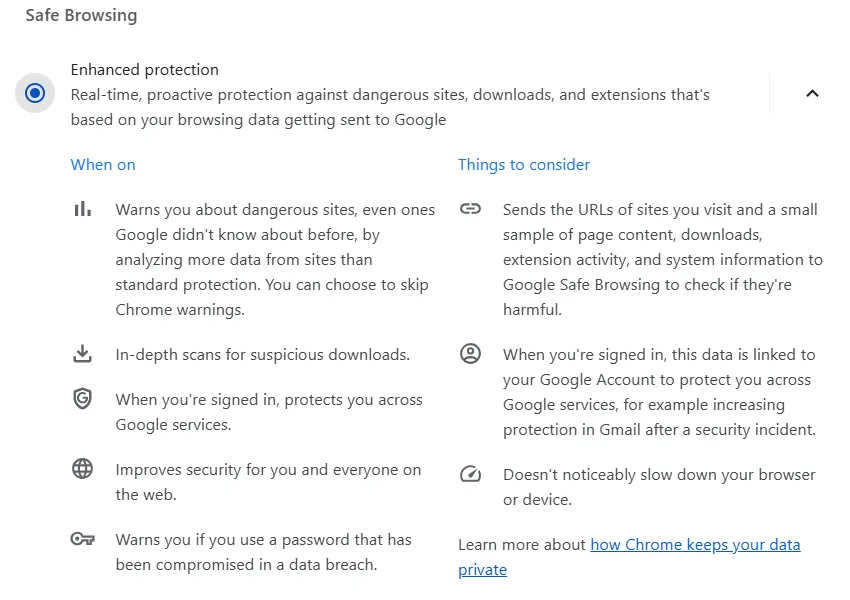 Cài đặt Bảo vệ Nâng cao trong Google Chrome để tăng cường an ninh mạng.