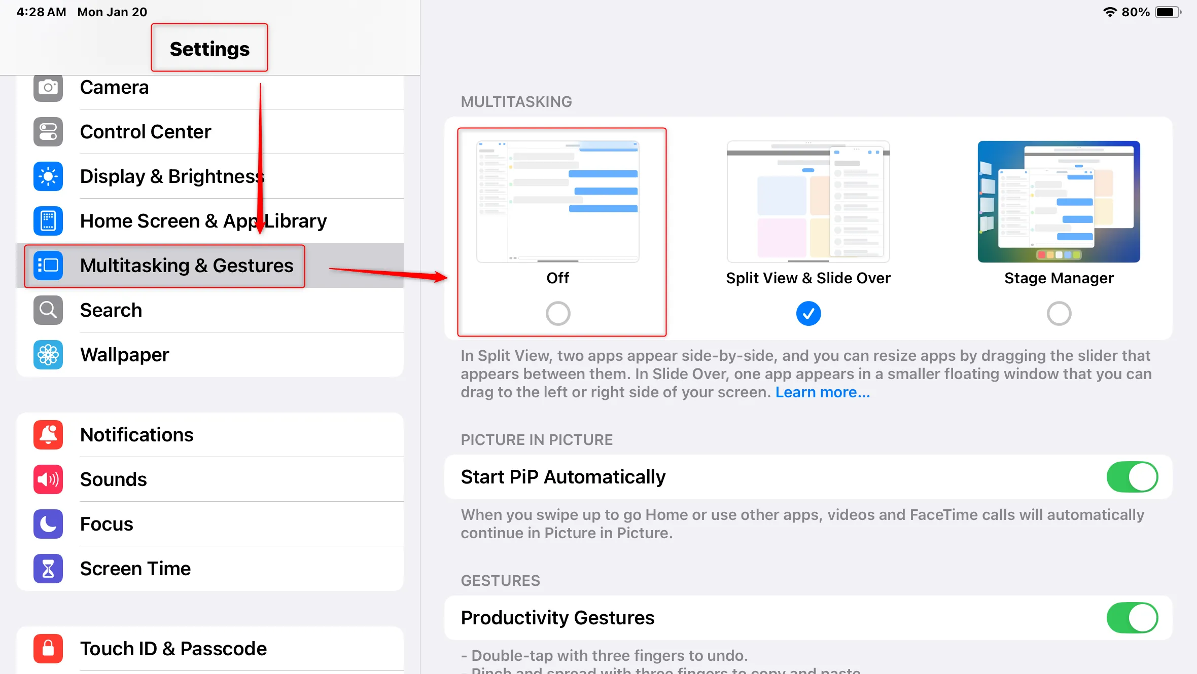 Cài đặt Đa nhiệm & Cử chỉ trên iPad, nơi tùy chỉnh các tính năng đa nhiệm.