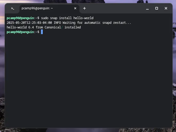 Cài đặt gói &quot;hello-world&quot; thông qua Snap trên môi trường Linux của Chromebook, minh họa khả năng cài đặt ứng dụng linh hoạt.