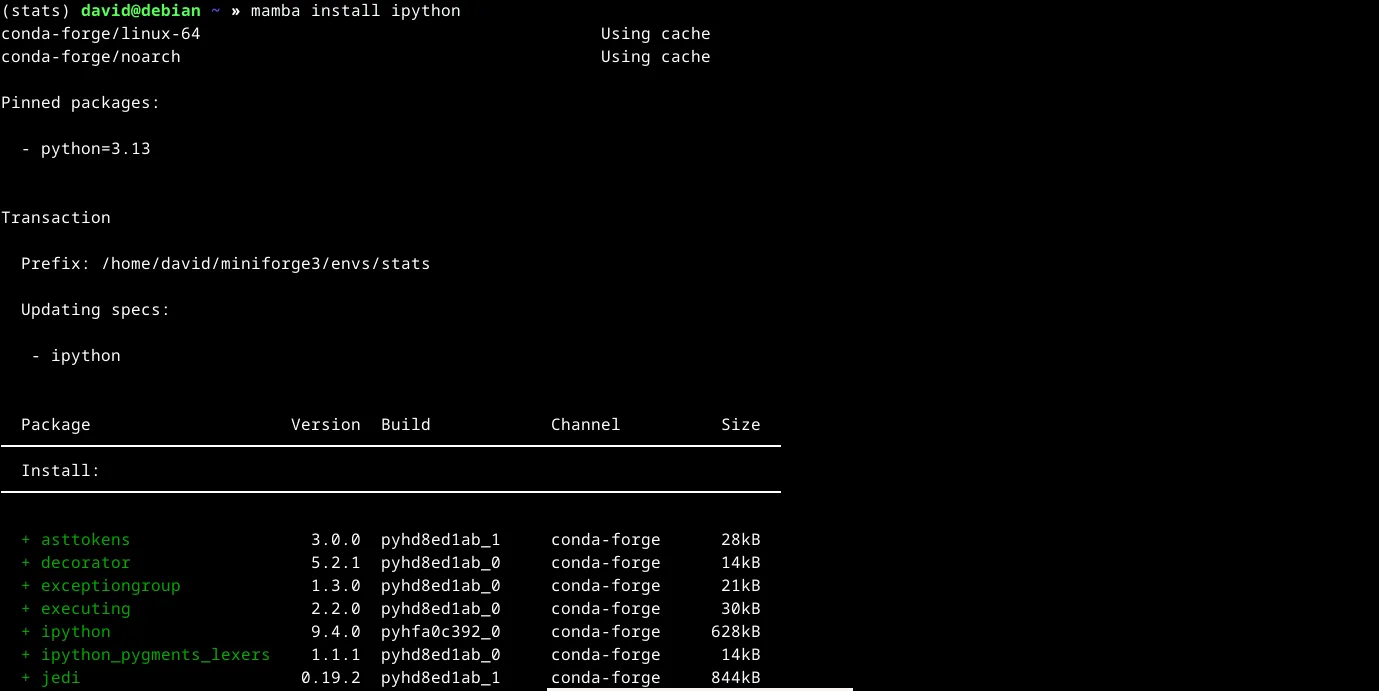 Cài đặt gói IPython vào môi trường Mamba 'stats' đang hoạt động, hiển thị tiến trình xác nhận các gói phụ thuộc.